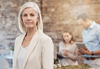 Serious, confident and executive professional or manager leading her busy team in planning. Mature urban developer standing as her employees design a model in an architecture firm in the background