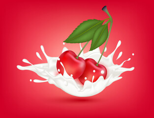 Wall Mural - Cherry milk yogurt splashing isolated on red background. Health concept. Realistic 3d vector illustration. Can used for product design advertising beverage and food products.