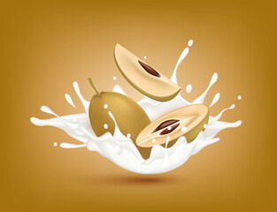 Wall Mural - Sapodilla milk yogurt splashing isolated on brown background. Health concept. Realistic 3d vector illustration. Can used for product design advertising beverage and food products.