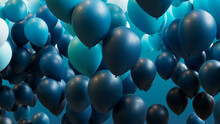 Blue, Aqua And White Balloons Floating In The Air. Youthful, Birthday Background.