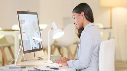 Poster - Female web designer typing on a computer and comparing graphic notes to a screen. Website creative planner planning an app development template design for good user experience working in an office