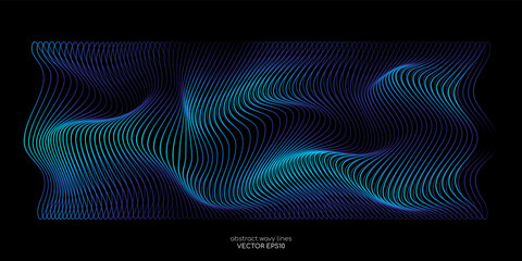 3D Vector wave lines pattern smooth curve flowing dynamic blue green gradient light isolated on black background for concept of technology, digital, communication, science, music