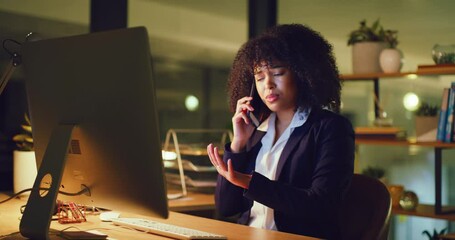 Aufkleber - Young, angry and stressed businesswoman talking on phone call while trying to reach a deadline, complete a task or send emails in an office late at night. Worker looking frustrated, mad and irritated