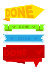 Poster - Set of ribbon with Done text with Checkmark. Banner template. Label sticker. Sign.