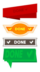 Poster - Set of ribbon with Done text with Checkmark. Banner template. Label sticker. Sign.