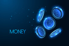 Money, Finance Concept With Falling Shiny Coins In Futuristic Glowing Low Polygonal Style On Blue 