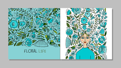 Poster - Floral female portrait, pretty woman with floral hairs. Concept art for your business. Cards, banner, web, promotional materials. Corporate identity template. Vector illustration