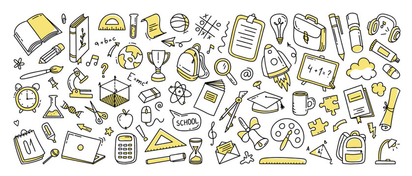 Back to school doodle a large set of elements. Vector illustration in line style.