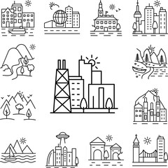 Poster - Factory in cityscape line icon in a collection with other items
