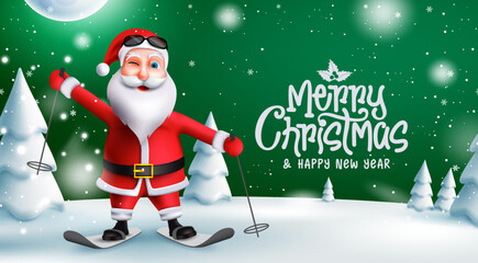 Christmas greeting vector design. Merry christmas text with santa claus character with ski elements in snow for xmas holiday season. Vector illustration.
