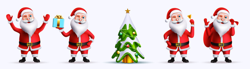 Poster - Santa claus characters vector set. Santa claus in 3d realistic character in christmas friendly pose and gesture isolated in white background for xmas collection design. Vector illustration.
