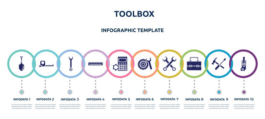 Wall Mural - toolbox concept infographic design template. included gardening palette, open scale, repair wrench, school ruler, mathematics, tyre, double wrench, lunchbox, carpenter cutter icons and 10 option or