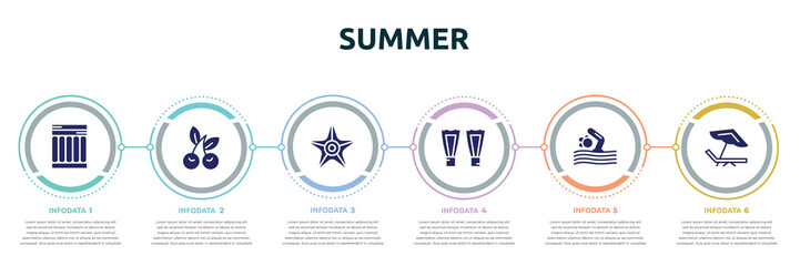 Wall Mural - summer concept infographic design template. included air mattress, cherries, sea star, fins, swimming person, beach chair icons and 6 option or steps.