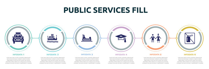 public services fill concept infographic design template. included solar taxi, water taxi, baby toilet, graduate cap, girl and boy, no can icons and 6 option or steps.