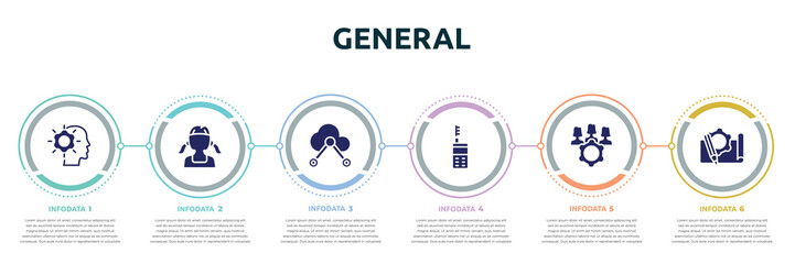 Poster - general concept infographic design template. included realization, teenager, internet of, laser measurement, project team, prototyping icons and 6 option or steps.