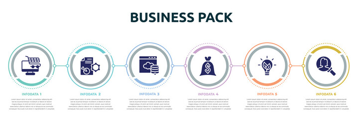 Wall Mural - business pack concept infographic design template. included e commerce, seo report, web server, big dollar bag, eco lightbulb, person search icons and 6 option or steps.