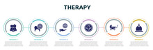 Therapy Concept Infographic Design Template. Included Swelling, Dental Care, Medical Service, Red Cross, Buggy, Cupping Icons And 6 Option Or Steps.