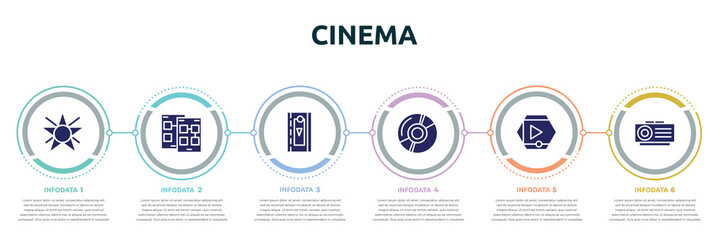 Poster - cinema concept infographic design template. included film star, storyboard, video clip, dvd, movie player, slide projector icons and 6 option or steps.