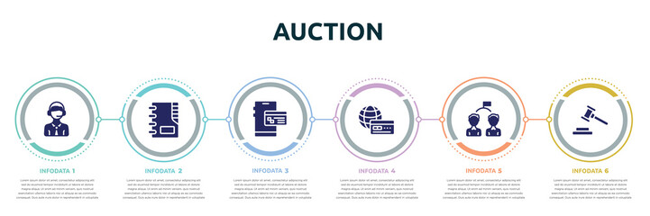 Poster - auction concept infographic design template. included on, contact list, on, payment method, competitor, bid icons and 6 option or steps.
