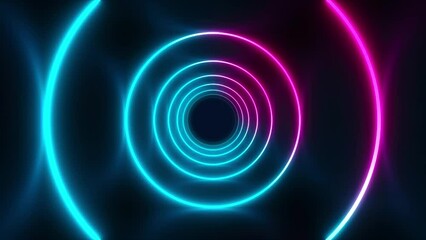 Wall Mural - Abstract sci-fi animation of neon streaks, glowing light tubes, lasers and lines moving forward in dark tunnel