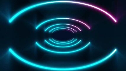 Wall Mural - Abstract sci-fi animation of neon streaks, glowing light tubes, lasers and lines moving forward in dark tunnel