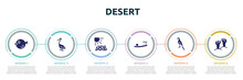 Desert Concept Infographic Design Template. Included Puffer Fish, Pelican, Crack, Sandals, Parrot, Branches Icons And 6 Option Or Steps.