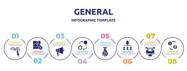 Poster - general concept infographic design template. included gmo, add photos, agitation, implementation, chemical lab, hr strategy, computing technology, crypto-exchange icons and 8 option or steps.