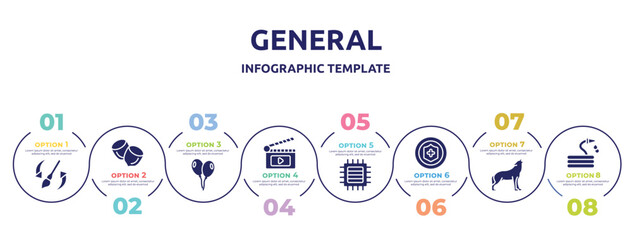 general concept infographic design template. included history brush, nuts, floating balloons, fragments, patch crop, insurance with a button, wolf howling, hose with drops icons and 8 option or