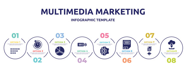 Poster - multimedia marketing concept infographic design template. included ratings, rewind time, charts, seo label, finances, disquette, sharing archives, download from cloud icons and 8 option or steps.