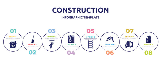 Wall Mural - construction concept infographic design template. included house, cleaning mop, man, automatic transmission, ladder, headlight, car service, jerrycan icons and 8 option or steps.