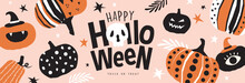 Trendy And Stylish Halloween Banner With Decorative Pumpkins