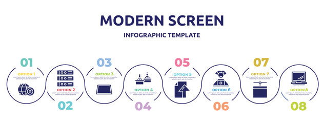 Poster - modern screen concept infographic design template. included internet connection speed, rack servers, perspective of tool, computer workers group, ftp upload, computer worker, network administration,