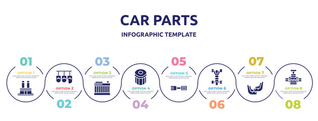 car parts concept infographic design template. included car distributor cap, car pedal, radiator, oil filter, petrol cap, chassis, mud flap, jack icons and 8 option or steps.