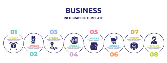 business concept infographic design template. included spreading, penalty, officer, permission, instructions, add to cart, , on icons and 8 option or steps.