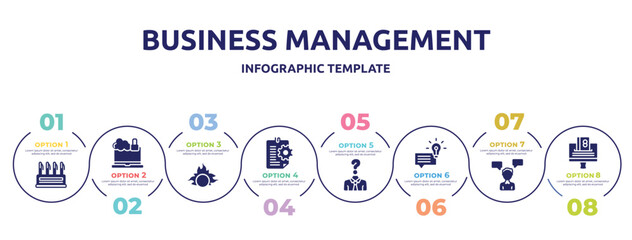 Aufkleber - business management concept infographic design template. included pen container, cybercrime, proof of burn, instruction, anonymity, suggestion, consult, on icons and 8 option or steps.