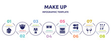 Make Up Concept Infographic Design Template. Included Glowing Skin, Hipster, Robe, Braces, Eyeshadow, Blush, Breast Reduction, Cotton Buds Icons And 8 Option Or Steps.
