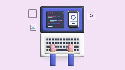 3d animation concept - Mobile software application coding and development, hands on laptop keyboard.