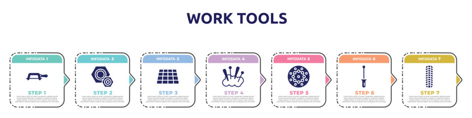 Canvas Print - work tools concept infographic design template. included fretsaw, knot, tiles, cushion, beadwork, screwdrivers, tiremarks icons and 7 option or steps.