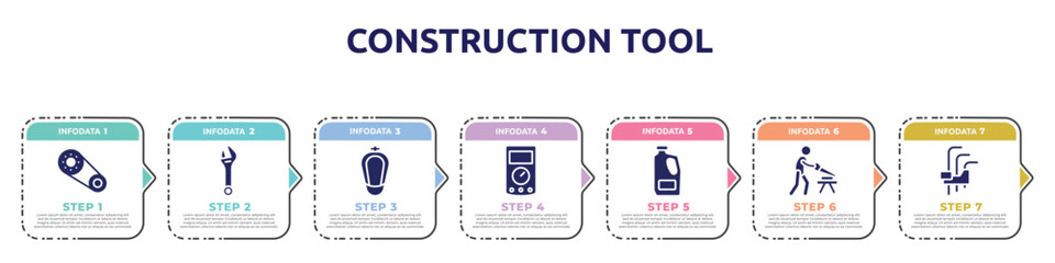 Wall Mural - construction tool concept infographic design template. included timing belt, spanner, urinal, ammeter, detergent, carpenter, hex key icons and 7 option or steps.