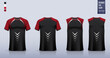 Black T-shirt sport, Soccer jersey, football kit, basketball uniform, tank top, and running singlet mockup. Fabric pattern design. Vector.