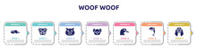 Woof Woof Concept Infographic Design Template. Included Seashell Conch, Angry Bulldog Face, Farm Pig, Koala Head, Duck Head, Jumping Dolphin, Bas Hound Dog Head Icons And 7 Option Or Steps.