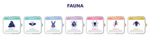 Fauna Concept Infographic Design Template. Included Pile Of Dung, Plain Butterfly, Rabbit Head, Spots Ladybug, Poisonous Spider, Gecko, Female Sheep Head Icons And 7 Option Or Steps.