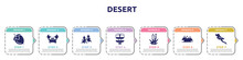 Desert Concept Infographic Design Template. Included Hazelnut, Crab, Spruce, Fountain, Bulrush, Mountains, Lizard Icons And 7 Option Or Steps.