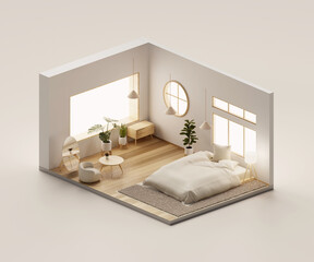 Poster - Isometric view bed room muji style open inside interior architecture, 3d rendering digital art.
