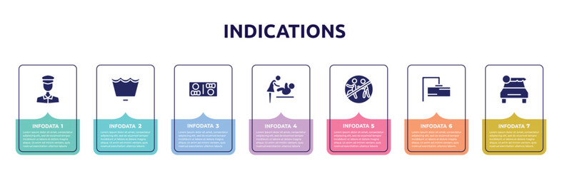 Wall Mural - indications concept infographic design template. included policeman figure, wash cycle permanent press, restroom, babysitter and child, chasing prohibited, rectangular, car rental icons and 7 option