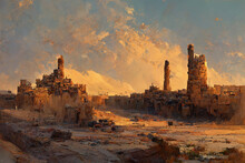 Ancient City Ruins In Desert At Sunset, Abstract Digital Landscape