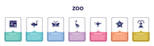 Zoo Concept Infographic Design Template. Included Aquarium, Swan, Butterflies, Pelican, Magic Lamp, Starfish, Fountain Icons And 7 Option Or Steps.