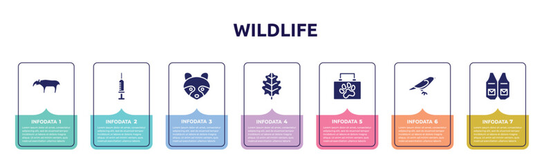 wildlife concept infographic design template. included tapir, syringe, racoon, oak leaf, animal aid, crow, waistcoat icons and 7 option or steps.