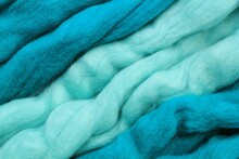 Close-up Of Colourful Blue And Turquoise Merino Wool Striped Background. Abstract Handmade Craft Knitting Yarn Textured Pattern Flatlay. Holiday Concept. Idea For Felting, Needlework, Hobby. Mock Up