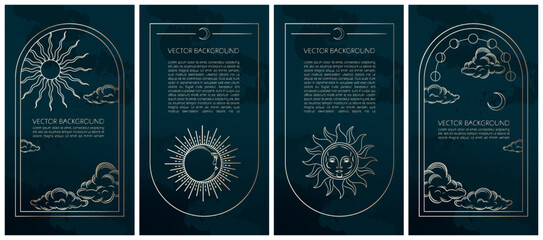 set of golden celestial mysterious vector illustrations for stories templates, mobile app, landing p
